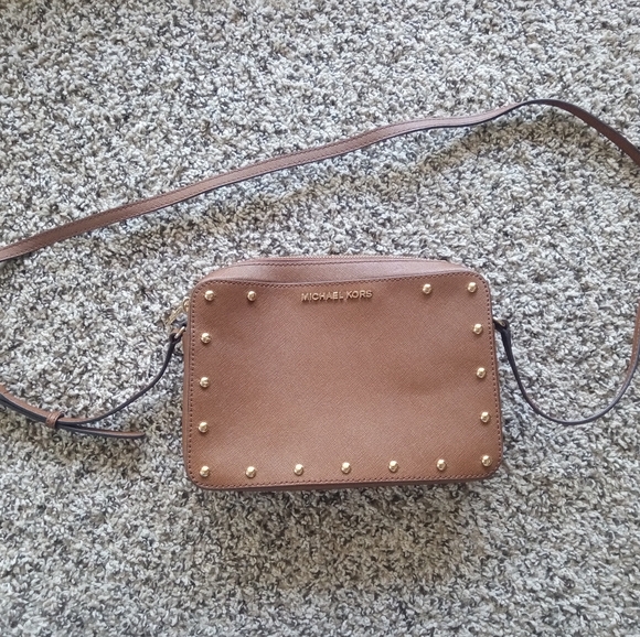 Michael Kors Women's Sandrine Studded Saffiano Leather Crossbody Bag Brown Small - Picture 2 of 11